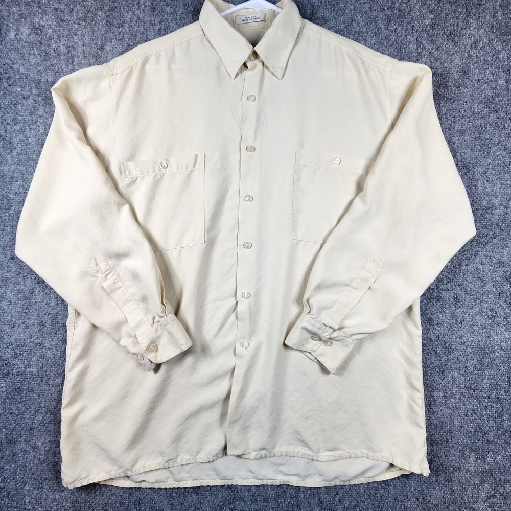 Burma Bibas Mens Large 100% Silk Button Down Shirt Cream Long Sleeve Pockets